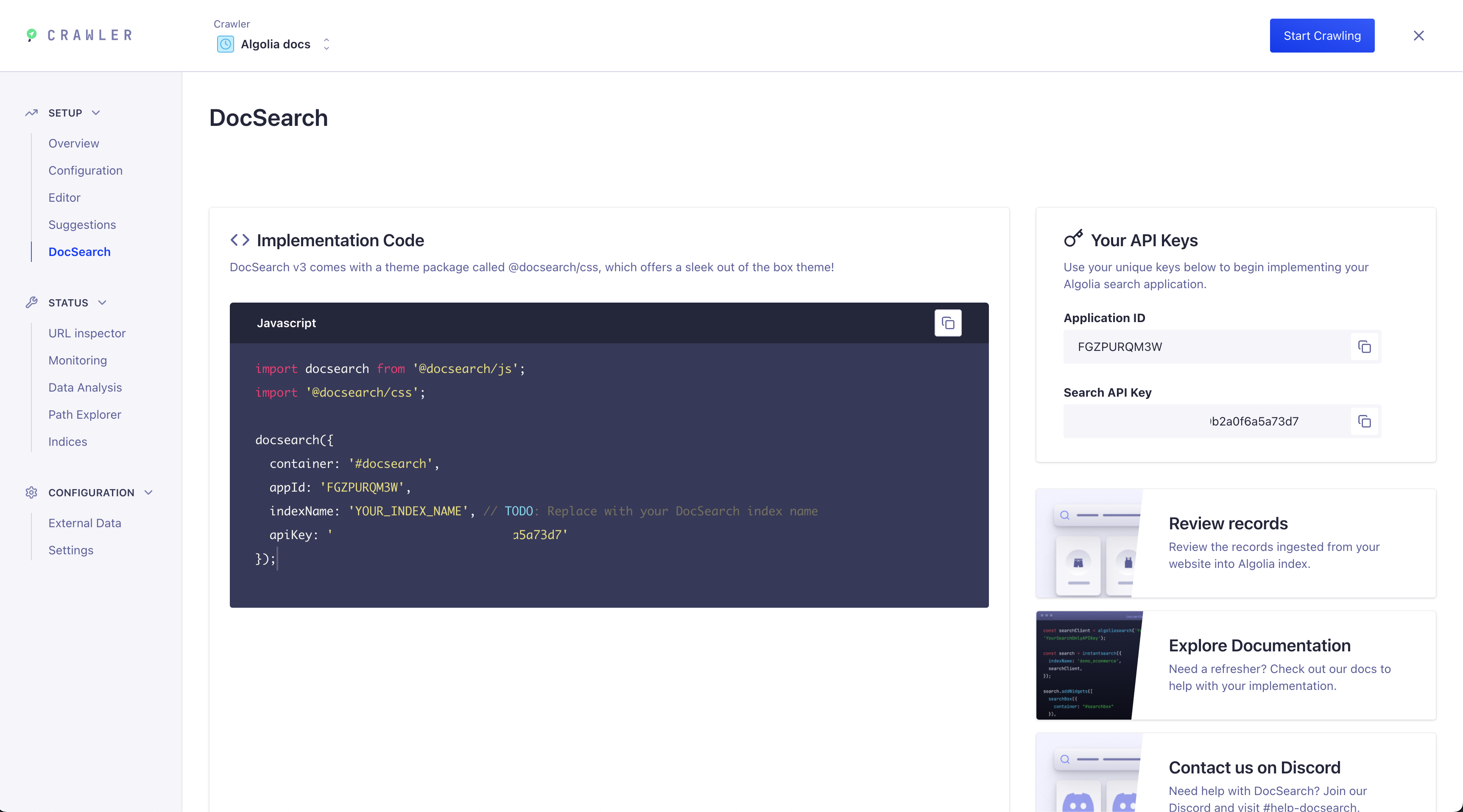 Algolia Crawler DocSearch Tab